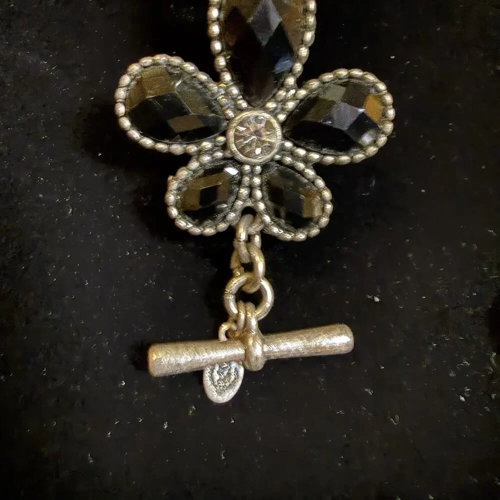 VTG Premier Designs Silvertone Black Cream Rhinestone Daisy Necklace & Bracelet